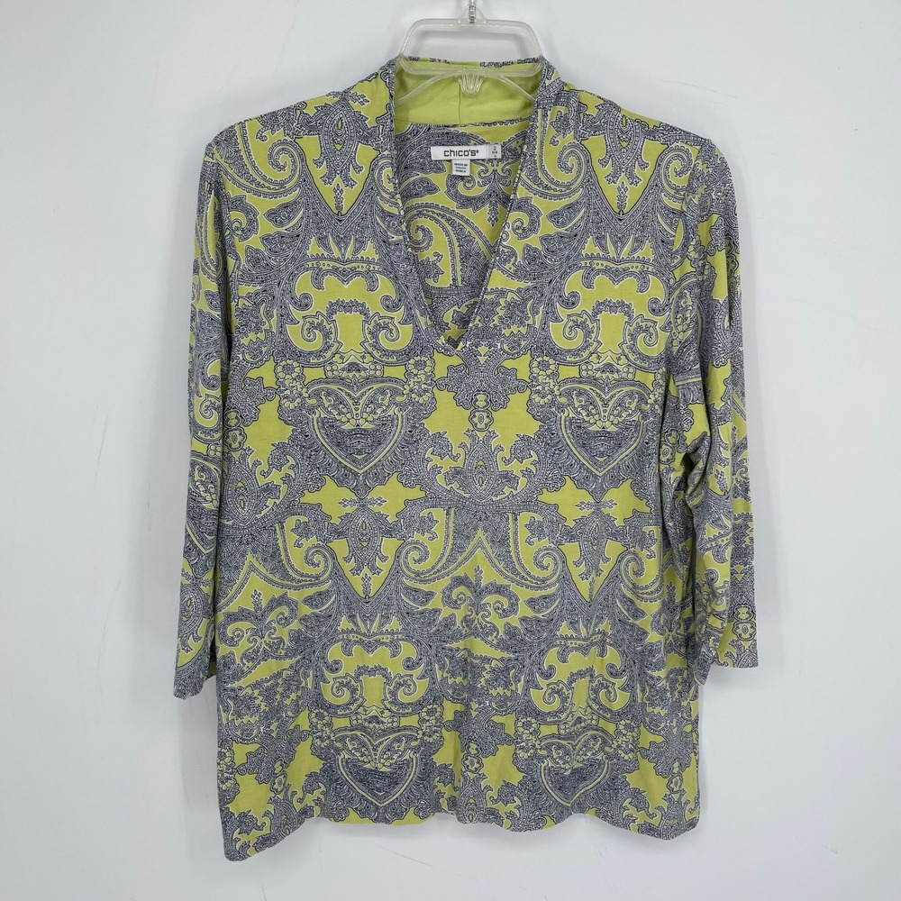 Chico's Women's Lime Green Paisley V-Neck Stretch 3/4 Sleeve Top Size 2 Large